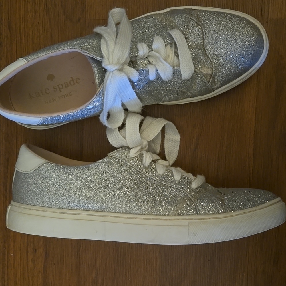 Kate Spade Athena Silver Glitter Sneakers White Sole & Laces Size 10B Excellent